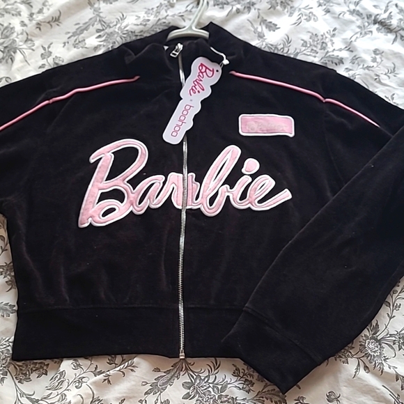 *Brand new* BARBIE X BOOHOO Black velour track top - Picture 1 of 3